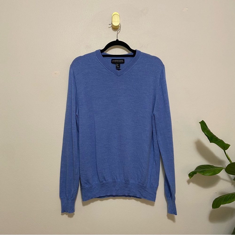 Harrison Davis V-Neck Blue 100% Extra Fine Merino Wool Long Sleeve Sweater
